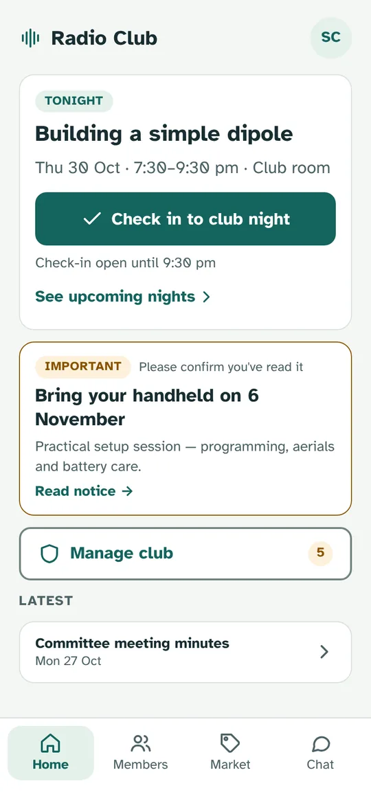 Home on club night: check in, today's important notice and the next club nights