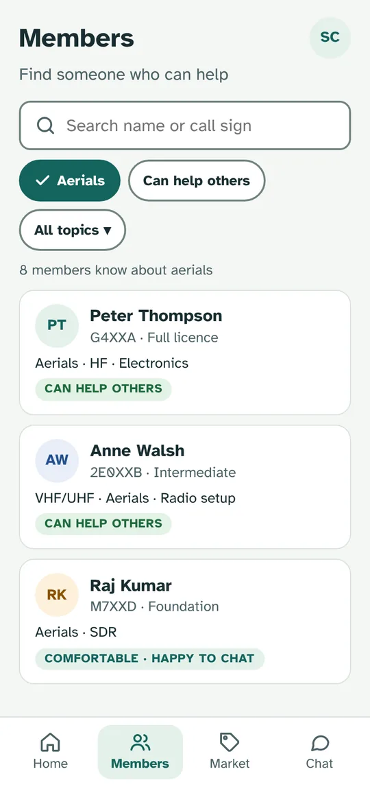 The Members tab: search by name or call sign, filter by topic, and see who can help with what