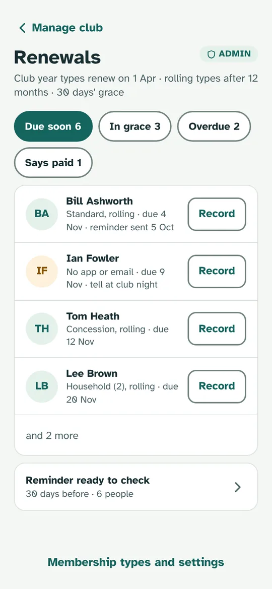 The committee's renewals list: who is due soon, in grace or overdue, with a button to record a payment received